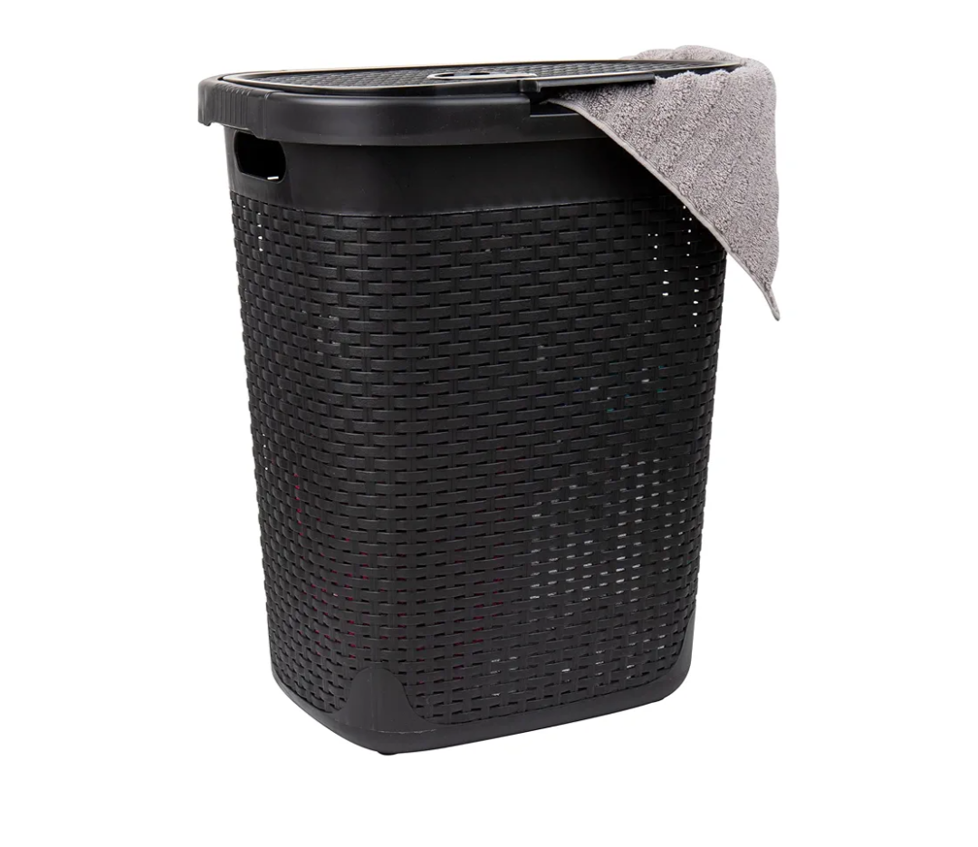 Mind Reader 50L Slim Laundry Hamper, Clothes Basket, Lid, Wicker Design, Plastic, 17.65"L x 13.75"W x 21"H, Black