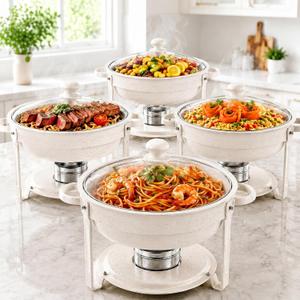 CAMIKU 6QT White Chafing Dishes for Buffet, 4-Pack Round Chafers Sets