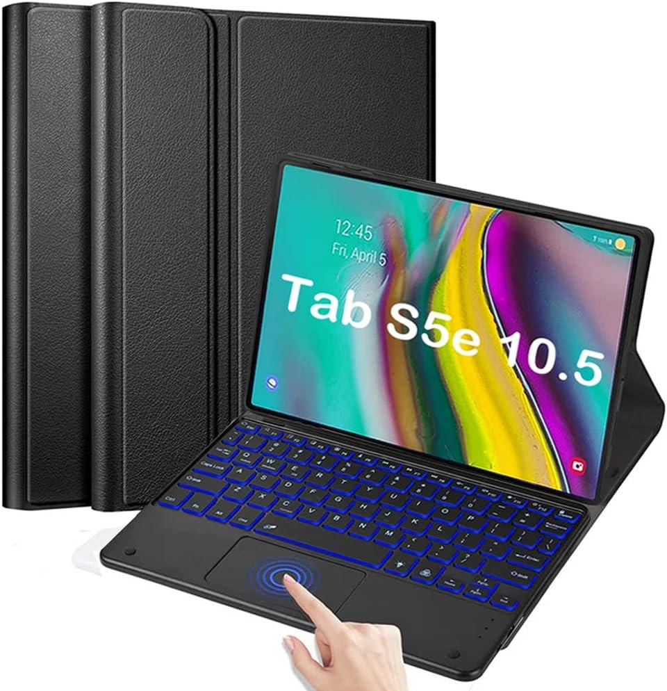 Backlit Touchpad Keyboard Case for Galaxy Tab S5e 2019 SM-T720/T725/T727, PU Leather Stand Cover with Magnetically Detachable Wireless Bluetooth Keyboard for Galaxy Tab S5e 10.5 Inch, Black