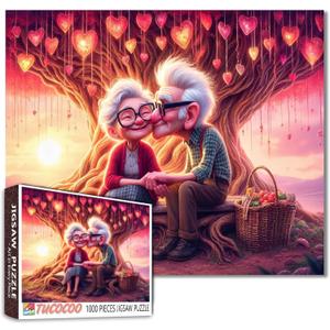 Elderly Couples Jigsaw Puzzle 1000 Pieces Sweet Kiss Under the Tree Puzzle for Adults Valentine Art Jigsaw Puzzle Easy Family Puzzle for Game Nights Home Wall Decor DIY Craft Unique Gift 20x27 Inches