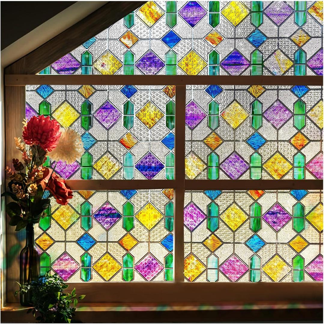 Beautsaid Window Privacy Film Stained Glass, Rainbow Window Film Decorative for Bathroom, Peel and Stick Window Cling Removable(Rainbow,23.6 x 78.7 inch)