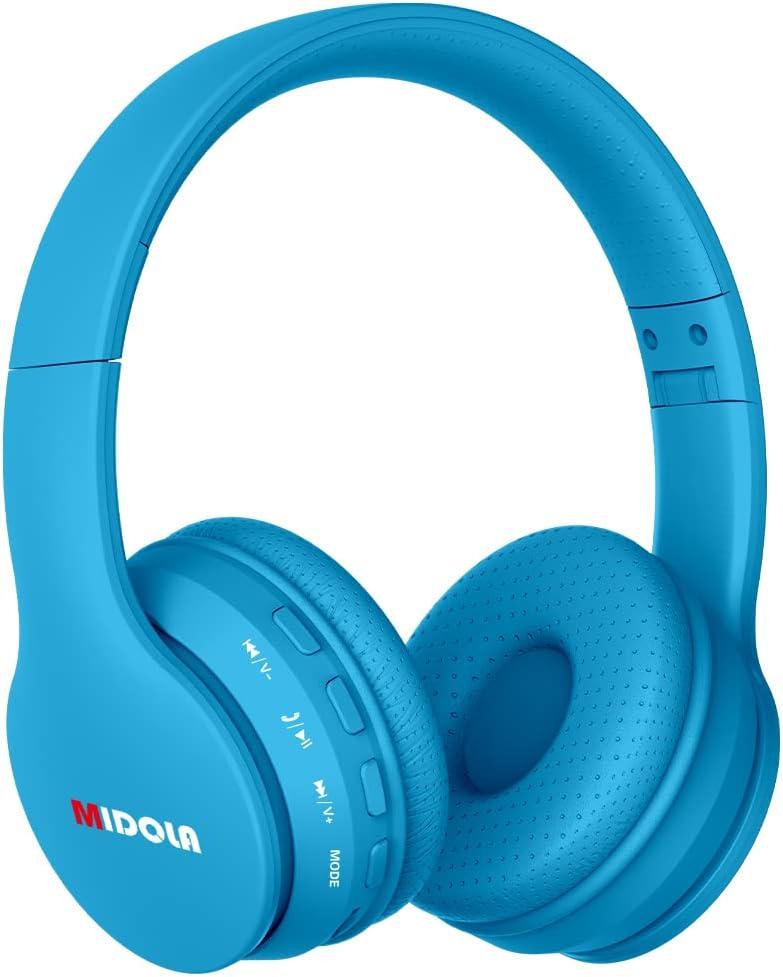 MIDOLA Kids Headphones Bluetooth 5.3 Wireless 60H Play Time Volume Limit 85/110dB Over Ear Foldable Protection Headset/Wired AUX Cord Mic for Children Boy Girl Travel School Phone Pad Tablet Blue (Blue)
