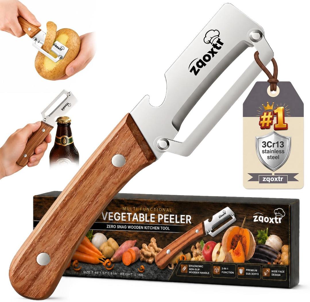 2-in-1 Multifunctional Vegetable Peeler with Bottle Opener, Wide Stainless Steel Blade and Non-Slip Wooden Handle, Kitchen Peeler for Potato, Apple, Pumpkin, Fruit and Vegetables