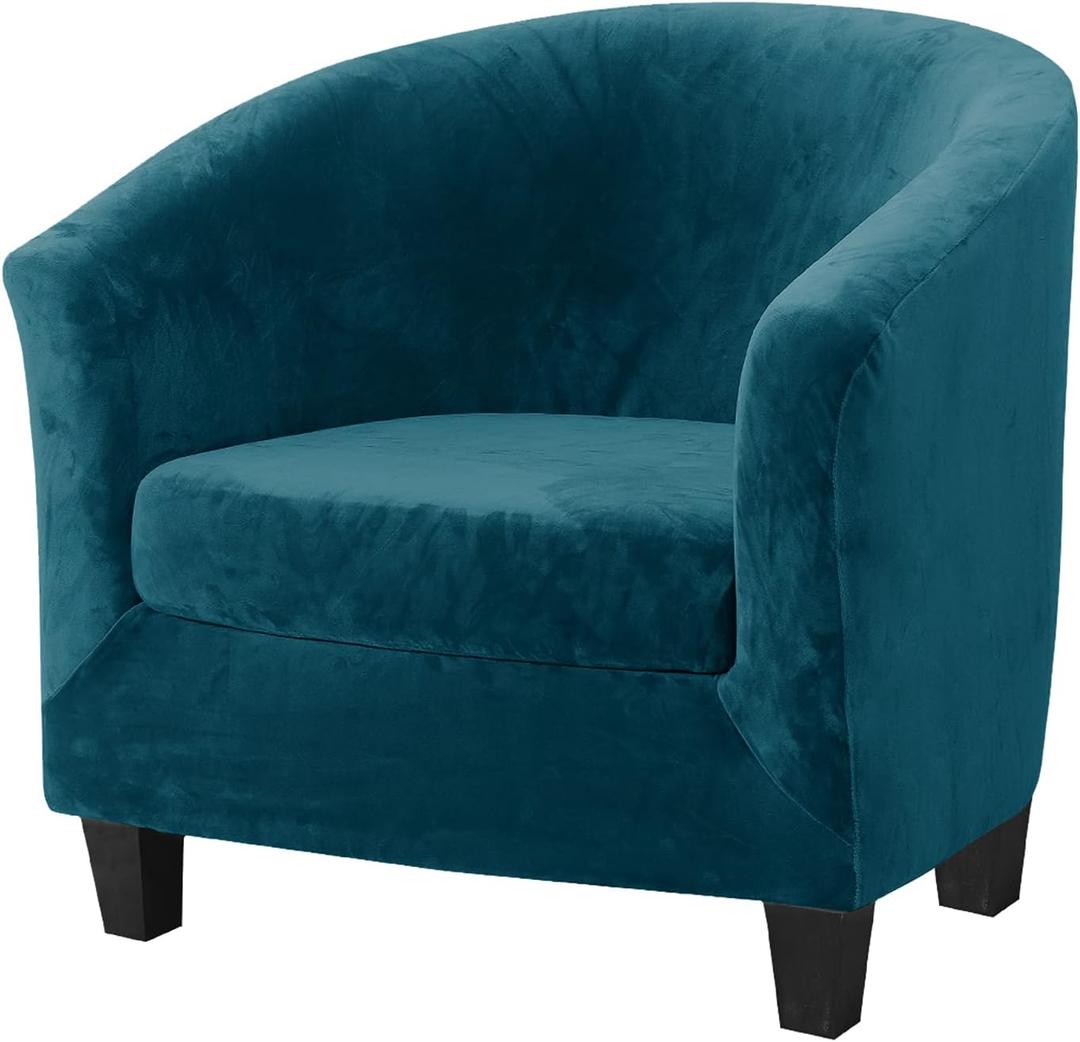 MIFXIN 2 Piece Velvet Tub Chair Covers with Cushion Cover Stretch Removable Tub Chair Slipcovers Armchair Sofa Couch Furniture Protector for Living Room Club Bar Counter (Peacock Blue)