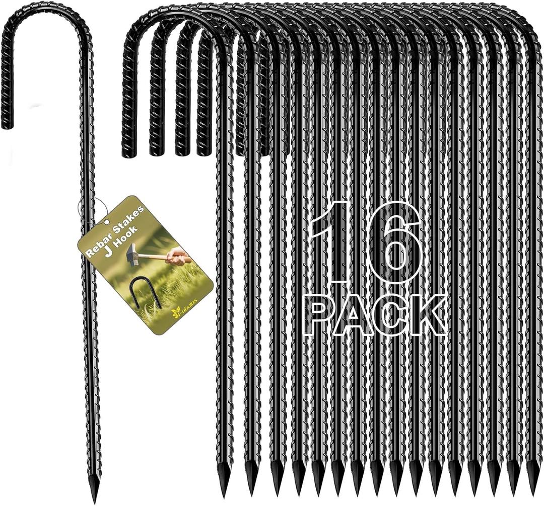 Rebar Stakes 12 Inch, Rebar Stakes Heavy Duty 16 Pack Ground Anchors J Hook with Chisel Point End Galvanized Steel Anchors for Fence Landscape Trampoline Chain Link Garden Camping Tent Plants (Black)
