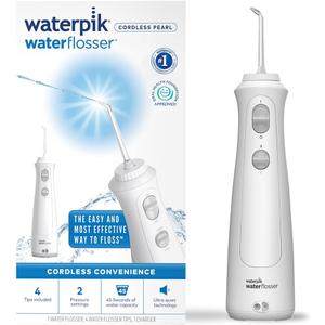 Waterpik Cordless Pearl Water Flosser Bundle with 4 Tips, 7oz Reservoir, 2 Pressure Settings, Rechargeable Battery and Charger (White)
