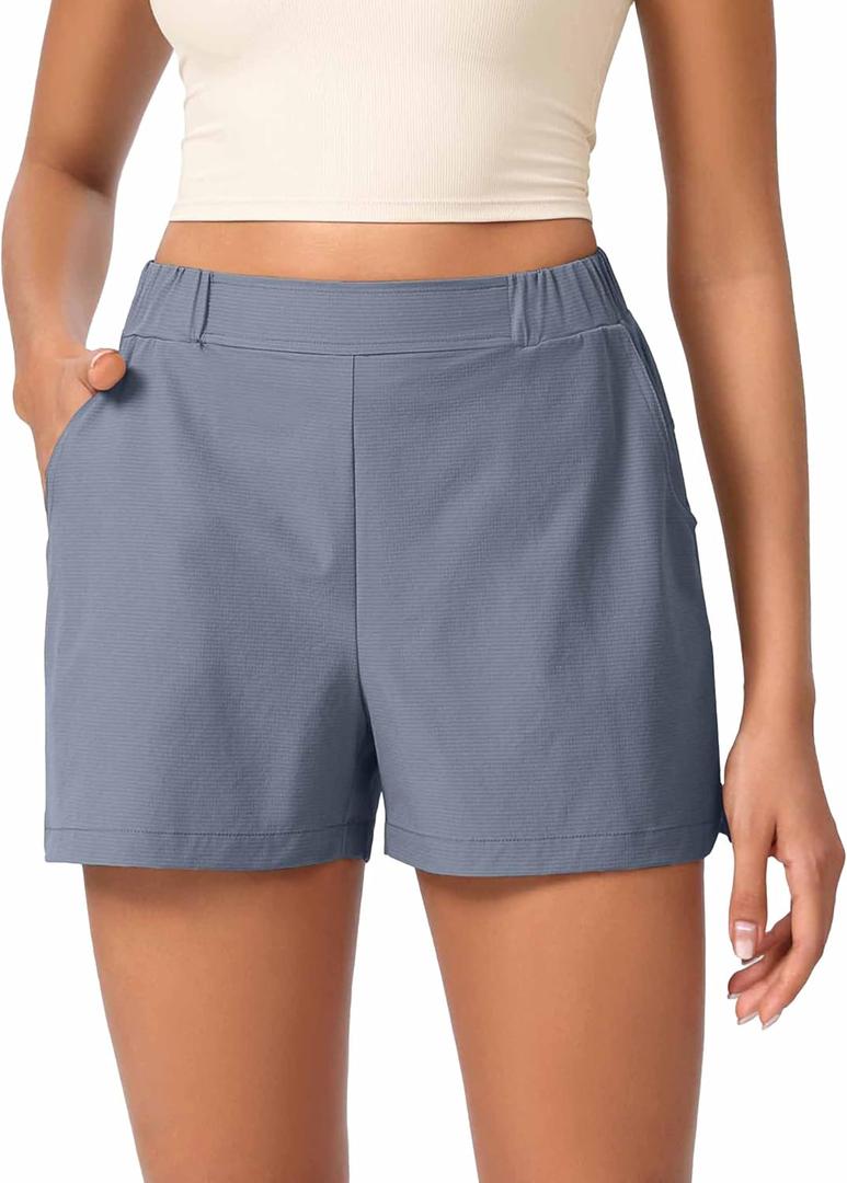 ODODOS Stretch Woven Relaxed Shorts for Women Elastic High Waist Summer Lightweight Casual Shorts with Pockets (Blue, L)