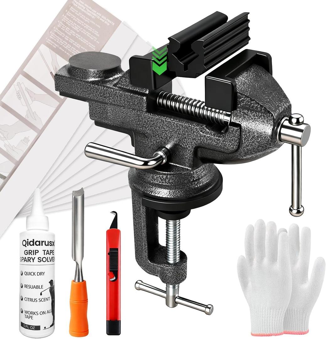 Golf Grip Kit for Regripping Golf Clubs All-in-One Golf Regripping Kit with Portable Table Rotating Vise Rubber Clamp, Hook Blade, Grip Tape, Solvent & Tools Golf Grip Replacement Kit