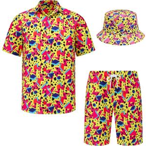 Mens Hawaiian Shirts and Shorts Set 2 Pieces Beach Outfits Summer Vacation Tropical Suit with Bucket Hats (Yellow, XS)