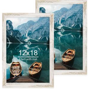 12x18 Frame Set of 2, Distressed White Wood Style, Display 12 x 18 Poster without Mat or 8.5x11 Picture with Mat, Wall Mounting Horizontal and Vertical