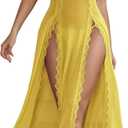 Avidlove Women Lingerie Lace Babydoll Chemise Sexy Mesh Nightdress V Neck Nightwear Side Split Nightgown (Large, Yellow)