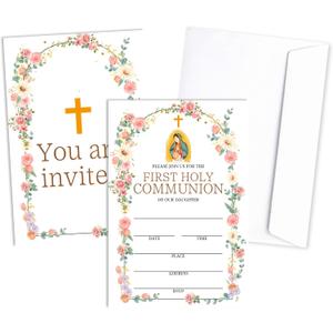 Baptism Invitations Cards With Envelopes, Greenery Floral First Holy Communion Decorations Supplies For Girl, Baptism Christening Cards, Religious Celebration Ceremony Invites, A Set Of 25 -04