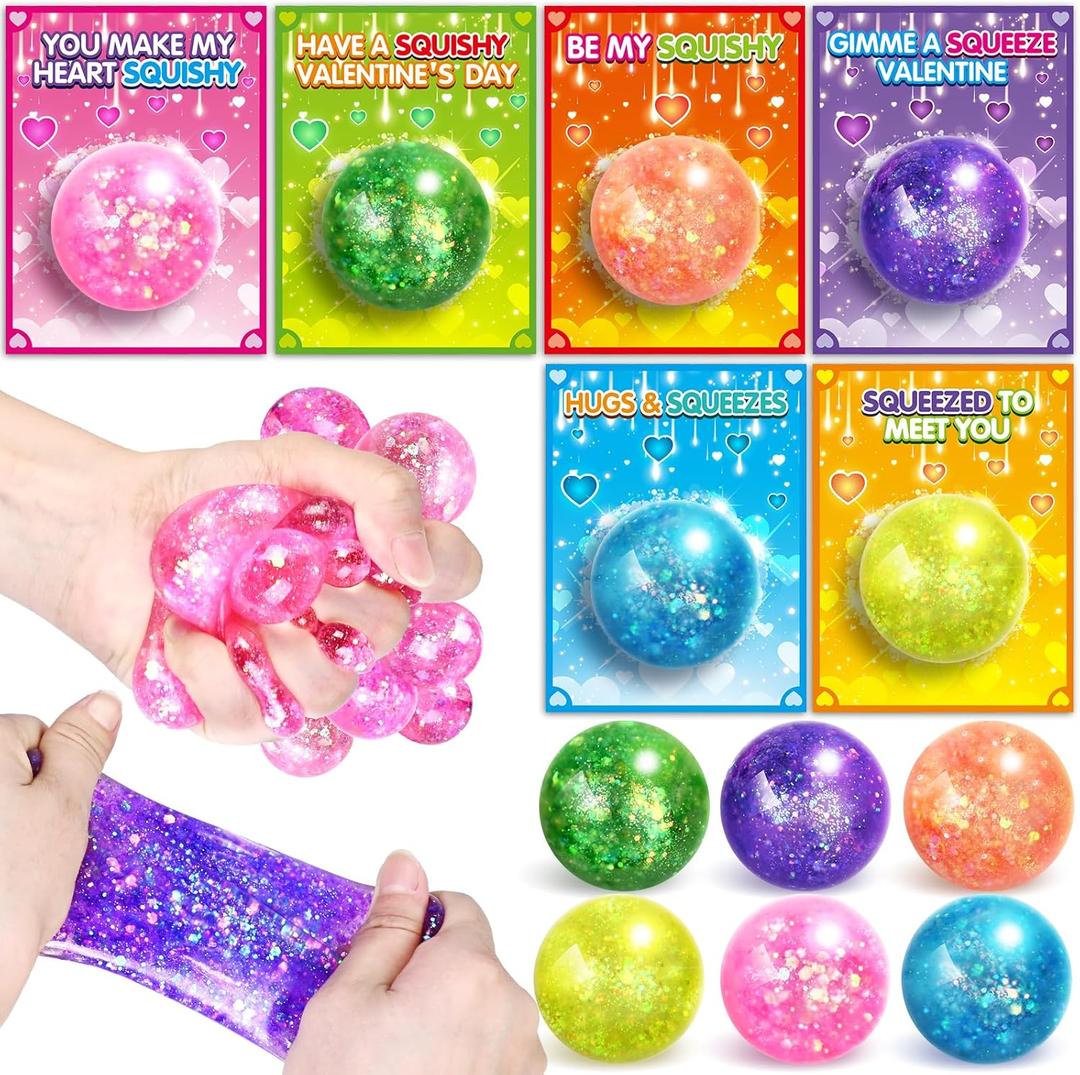 Valentines Day Cards for Kids,24 Pack Stretchy Balls with Valentines Day Cards for Kids School Classroom Exchange Valentine's Gifts for Boys Girls Squeeze Ball Toy Bulk,Kids Party Favors