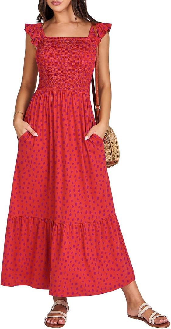 ANRABESS Womens Square Neck Maxi Dress Ruffle Sleeveless Smocked Casual Floral Summer Beach Sundress with Pockets Red Purple Dot Small