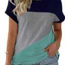 Womens Color Block Short Sleeve Tops Casual Summer T-Shirt (Large, Navy Blue+ Grey+ Blue)