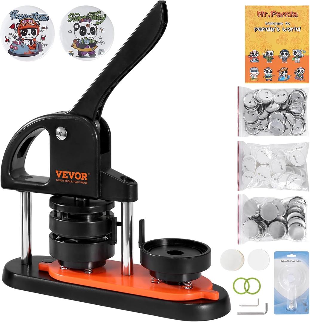 VEVOR Button Maker Machine, 2.25 inch/58mm Pin Maker with 100pcs Button Parts, Button Maker with Panda Magic Book, Ergonomic Arc Handle Punch Press Kit, for Children DIY Gifts and Christmas