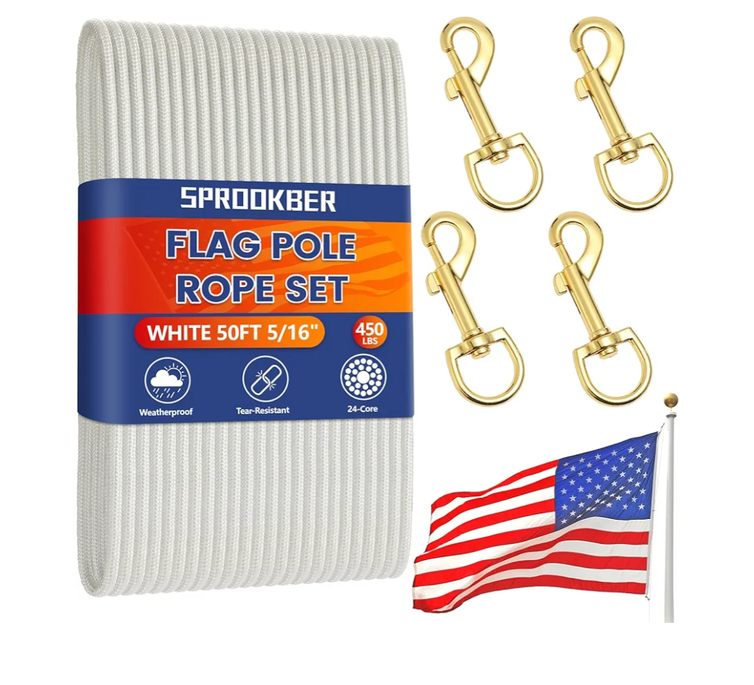 sprookber 50Ft Flagpole Rope Kit, 5/16" Nylon Halyard with 4 Zinc Alloy Swivel Snap Hook, Heavy Duty and Weather Resistant Replacement FlagPole Accessories for Outdoor Flagpole and Other Utility Use