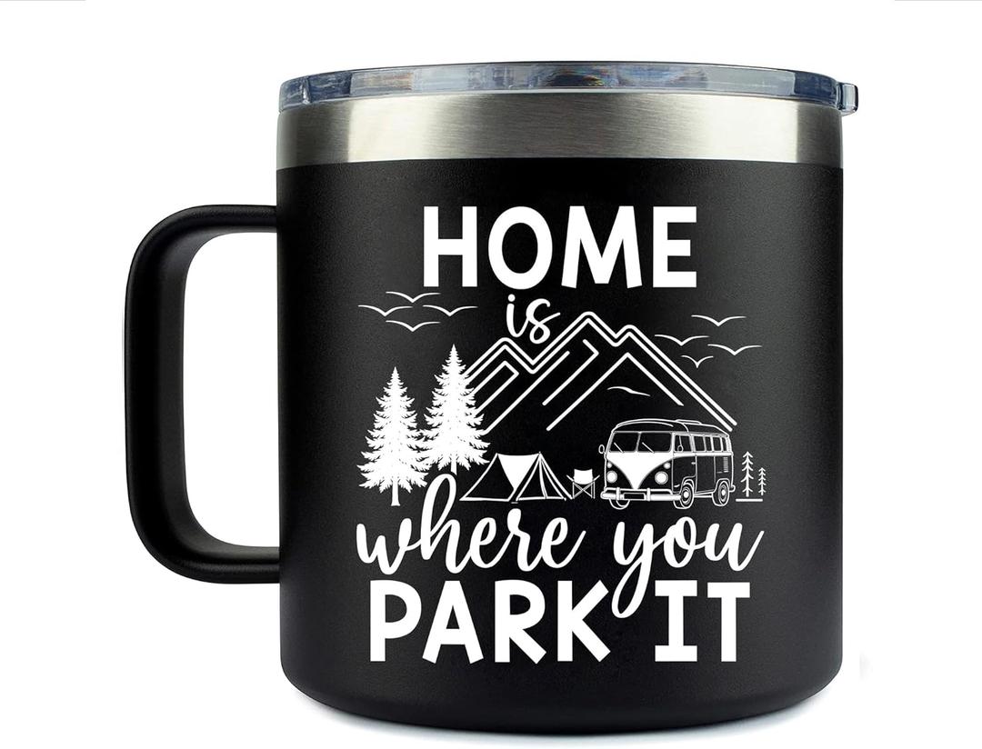 Home Is Where You Park It Tumbler - Funny Campers Insulated Tumbler With Handle - Camping Travel Coffee Mug 14Oz - Gift For Women - Men - Friend - Family