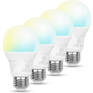 Amazon Basics Smart Indoor LED Light Bulb, Sunset-to-Midnight Activated, Works with Alexa Only, Tunable White, 7.5 W, 4-Pack