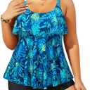 Yonique Women's Plus Size Tankini Swimsuits with Shorts Two Piece Bathing Suits Ruffle Swimsuits Tummy Control Swimwear Blue Green Leaf 22W