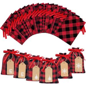 Korlon Small Christmas Gift Bags, 24 Pack Buffalo Plaid Christmas Drawstring Gifts Bags, Reusable Cotton Santa's Red and Black Xmas Holiday Cloth Gift Bag for Candy, Xmas Party, 7.68 x 5.9 Inch
