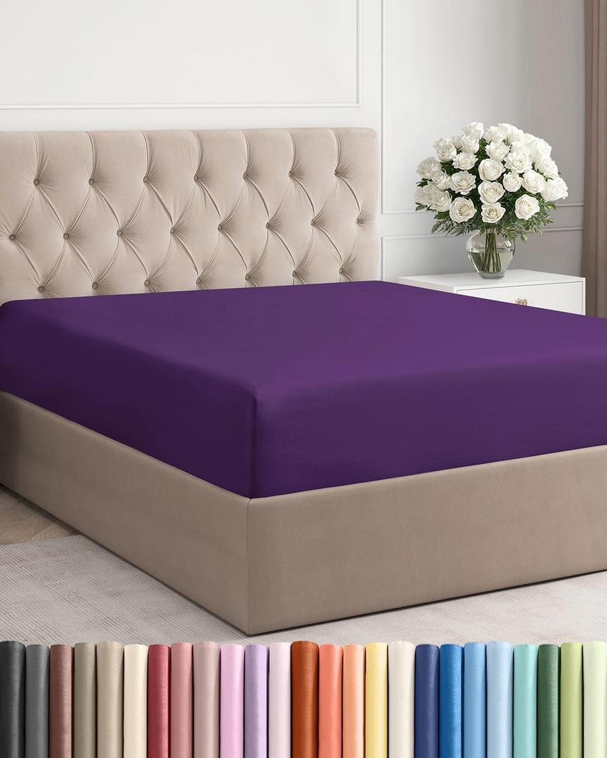 Full Fitted Bed Sheet - Bottom Single Fitted Sheet Only - Ultra-Soft Hotel Luxury Bedding w/ 8-16 Inch Deep Pockets - Breathable, Cooling & Wrinkle Free - Easy-Care, Fade & Shrink Resistant - Purple
