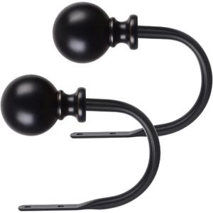 KAMANINA Curtain Holdbacks, Black Curtain Tiebacks Wall Mounted with Round Finials, Metal Curtain Pull Backs with Screws, Decorative Curtain Hooks for Drapes Bedroom (1 Pair/2 Pack, Small)