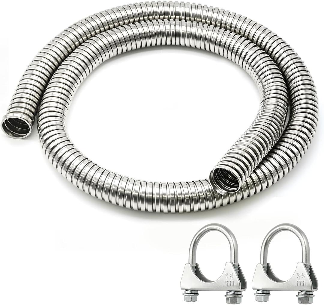 1.25" x 72" Universal Stainless Steel Exhaust Flex Pipe Grade Flexible Exhaust Tubing with 2 U-Bolt Clamps, Rust-Proof & Corrosion-Resistant for Exhaust Systems
