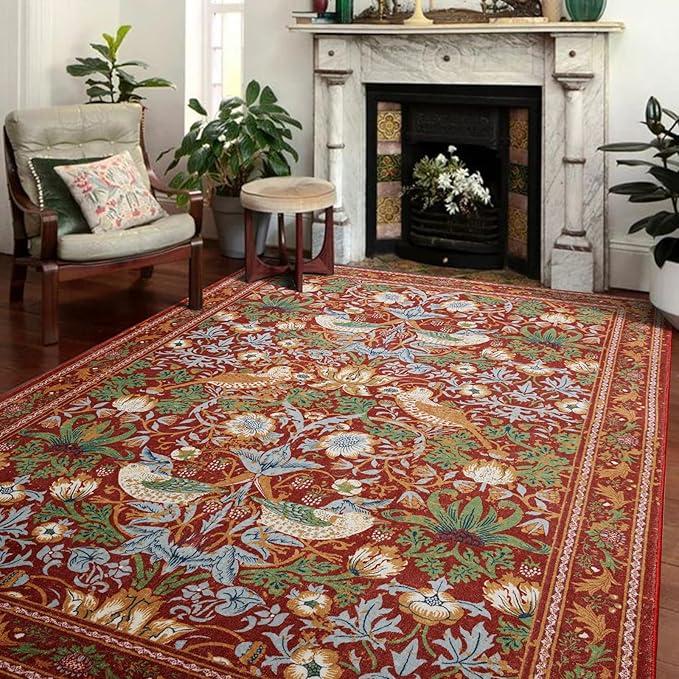 Cute Botanical Bathroom Rugs Non Slip, Ultra Thin Strawberry Thief Abstract Art 3x5 Small Rugs, Green Tropical Floral Leaves Throw Area Rug for Bedroom Kitchen Indoor Entrance Entryway Rug Washable