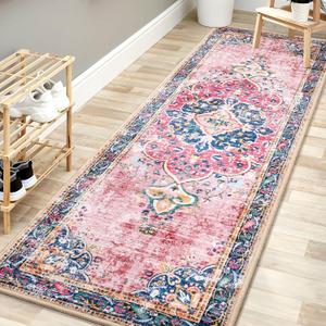 Washable Runner Rug 2x6 Pink Boho Area Rug for Hallway Entryway Kitchen Laundry Room Bathroom Bedroom Non Slip Blush Vintage Rug Indoor Carpet