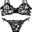 Lilosy Sexy Underwire Cute Push Up Strappy Embroidered Mesh Sheer Lingerie Set See Through Panty Bra (Medium, Bow Black)