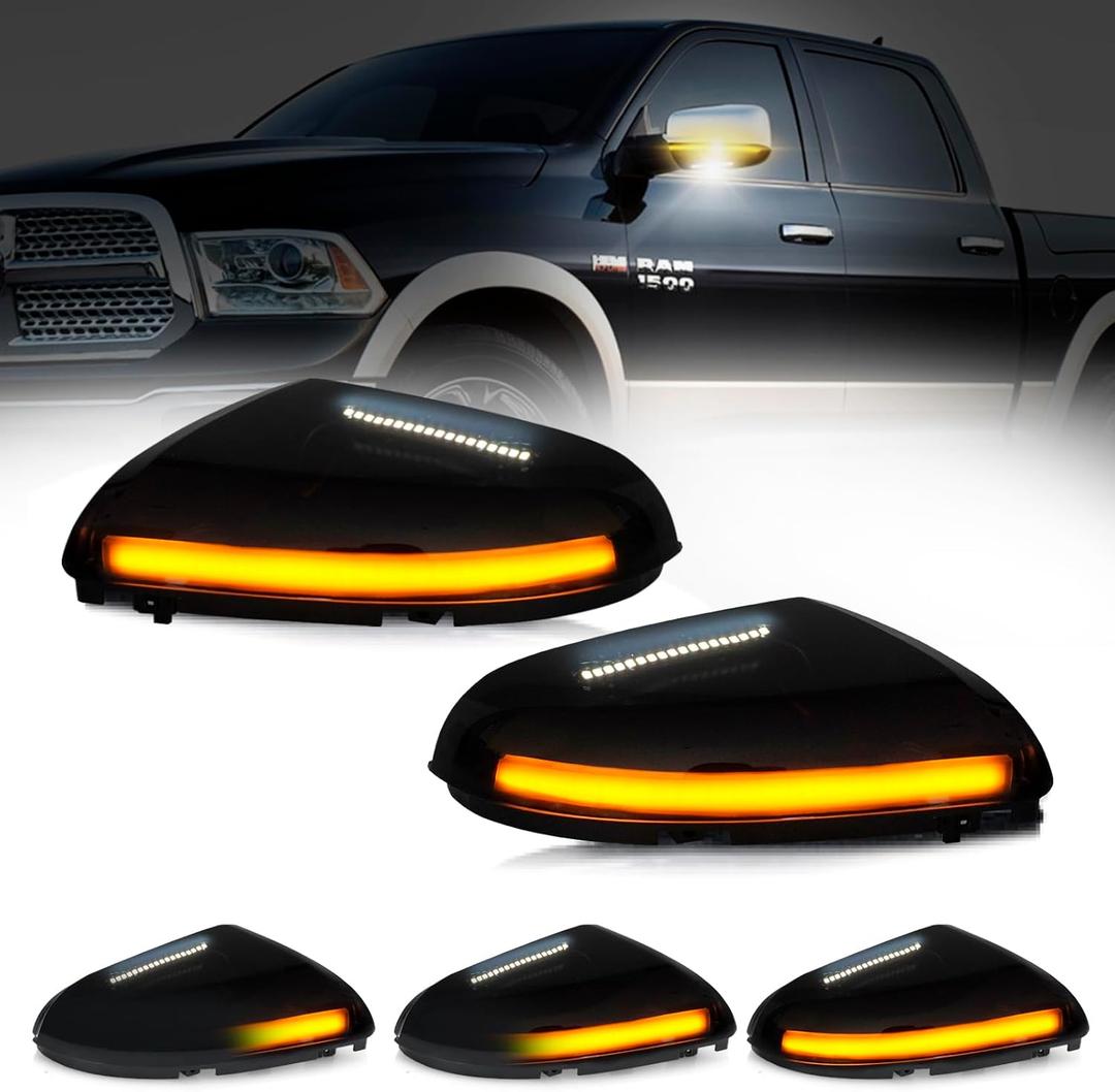 D-Lumina Sequential LED Side Mirror Turn Signal Lights Smoked Lens Puddle Light Assembly for Dodge Ram 1500 2009-2018, Ram 2500 3500 2010-2018, Dynamic Indicator Strip Mirror Marker Lamp, Pack of 2 (Smoked Cover Sequential Amber  White)