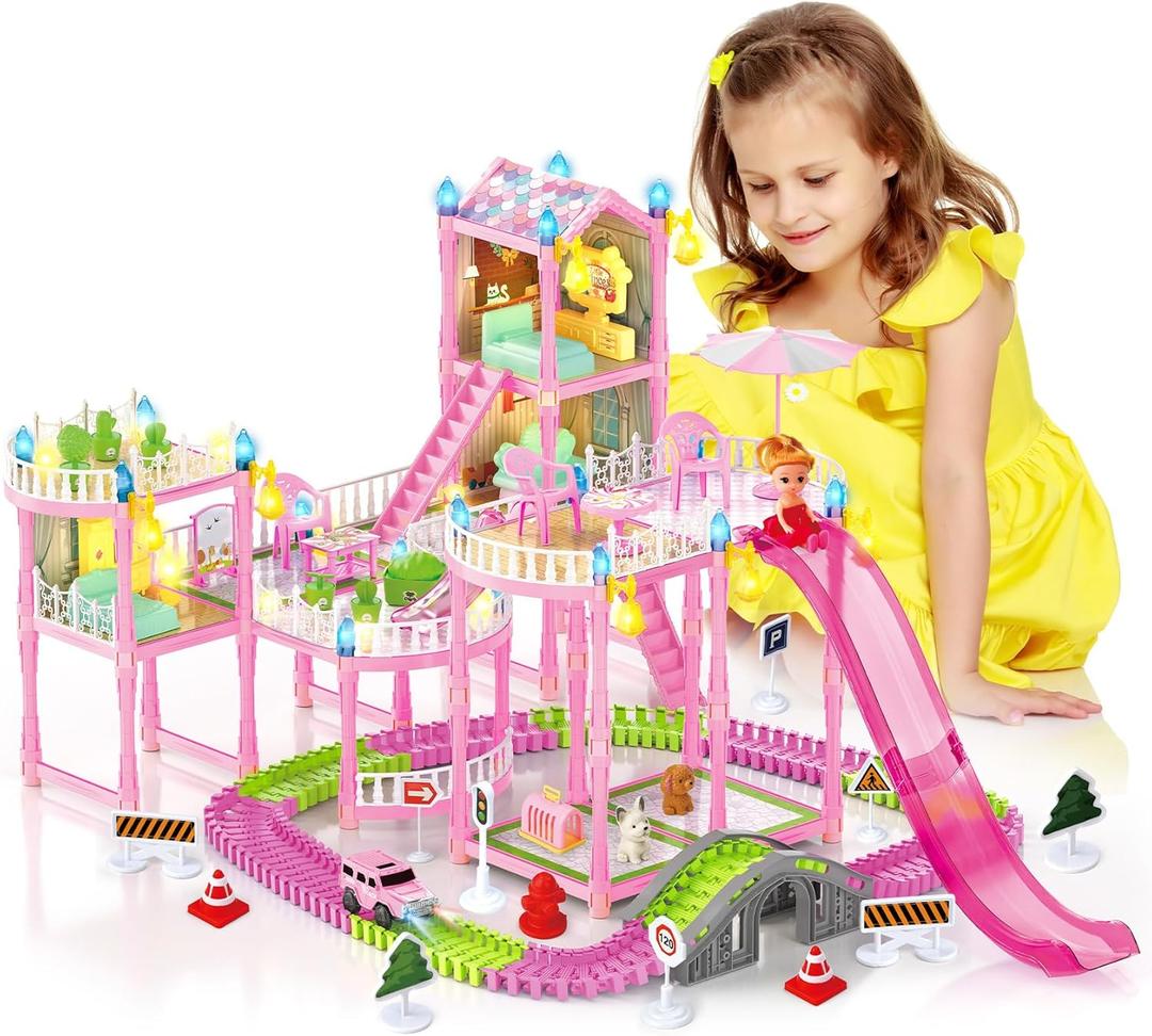 Princess Doll House for Girls, Dream Dollhouse with Track Car Toy Set, Dolls, Pets, Lights, Furniture and Accessories, Toddler Doll House Playset Gifts for 3 4 5 6 7 8 9 10+ Year Old Girls Toys, Pink (Style 2)