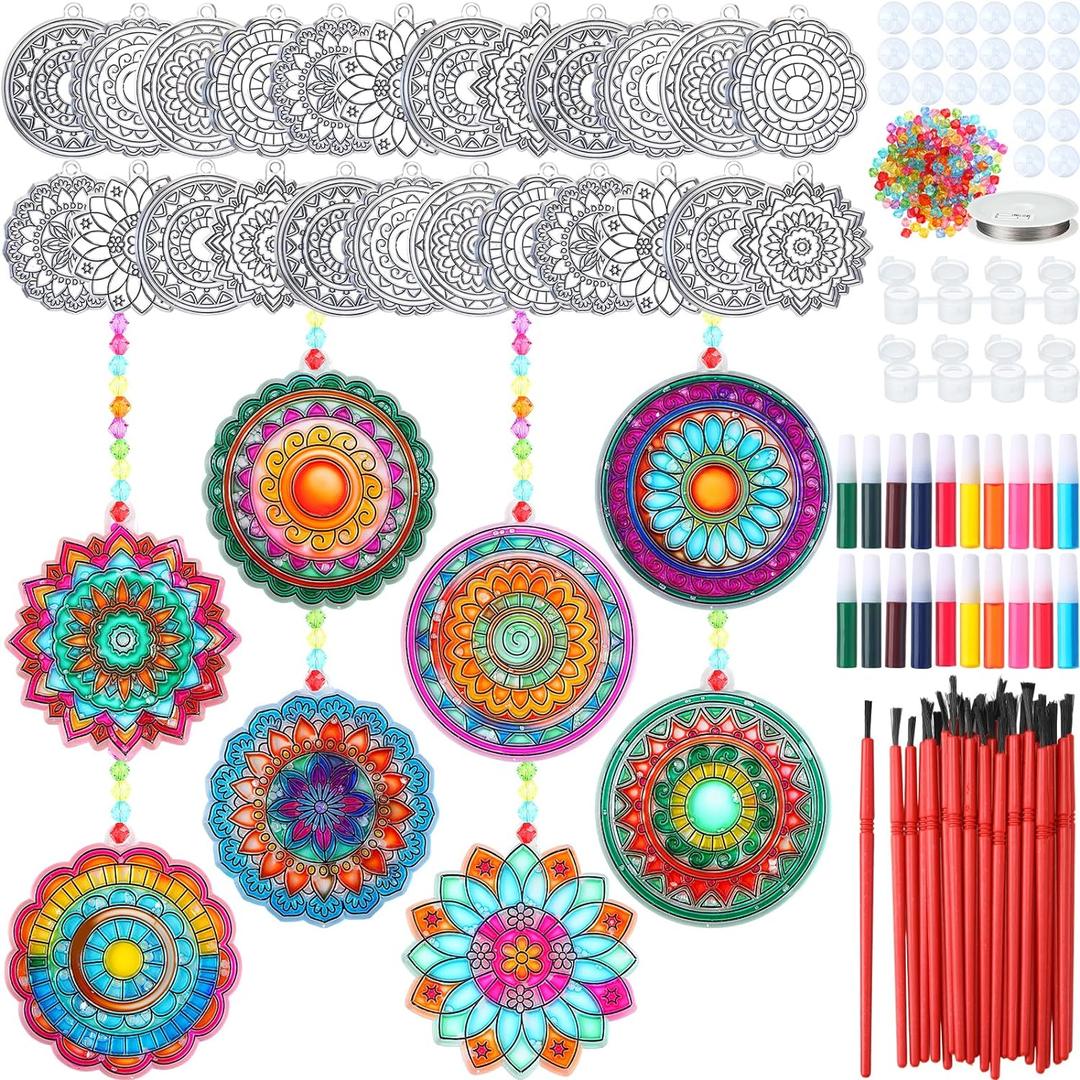 Yousoontic 40 Sets Mandala Suncatchers Kits DIY Window Paint Art Suncatchers Mandala Flower Craft Kits for Classroom Art Craft Summer Sun catchers for Party Favors