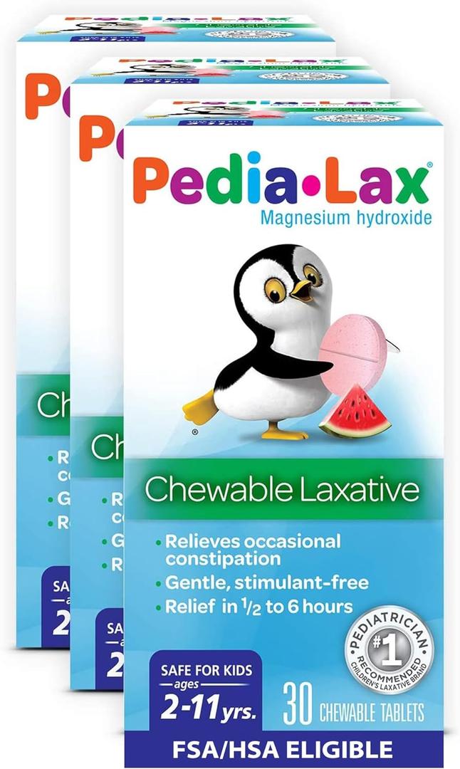 Pedia-Lax Childrens Chewable Laxatives for Constipation, Gently Relieves Occasional Constipation for Kids Ages 2-11, Watermelon Flavor, 30 Count, Pack of 3