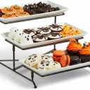 LAUCHUH 3 Tier Serving Tray Porcelain Tiered Serving Stand Collapsible Sturdier Rack with 3 Serving Platters & 2 Cross Bars for Halloween, Fruit Dessert Party Display Set, 12 Inch, Bronze