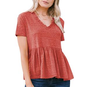 EXLURA Women's Summer Crop Babydoll Peplum Tops Cute V Neck Short Sleeve Business Casual Trendy T Shirts Beach Vacation 2026 Orange Red (Orange, L)