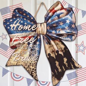 Boao Memorial Day Wreath Wood Sign Patriotic Decor for Front Door Bow Wooden Porch American Flag Outdoor Plaque Brave Military Decorations for Veteran Home 4th of July Independence Day Memorial Decor