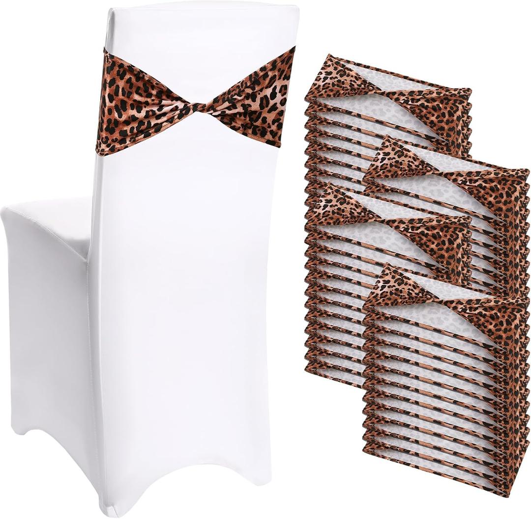 Newwiee 48 Pcs Spandex Chair Bands Animal Print Elastic Chair Sashes Bow Polyester Chair Cover Bands Ties Without Buckle for Animal Safari Jungle Theme Party Birthday Decor (Leopard Print)
