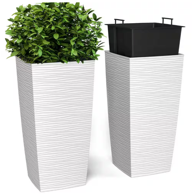 11.5 x 11.5 x 23 in. EverGreen White, M-Resin, Indoor/Outdoor Planter with Built-In Drainage, Duo Set, Large (2-Piece)