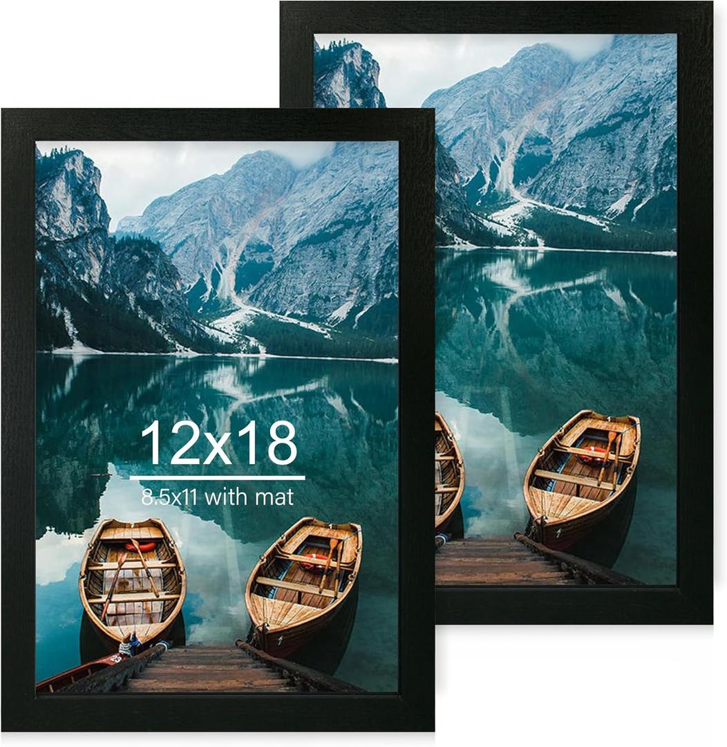 Hongkee 12x18 Frame Set of 2, Rustic Black Wood Style, Display 12 x 18 Poster without Mat or 8.5x11 Picture with Mat, Wall Mounting Horizontal and Vertical