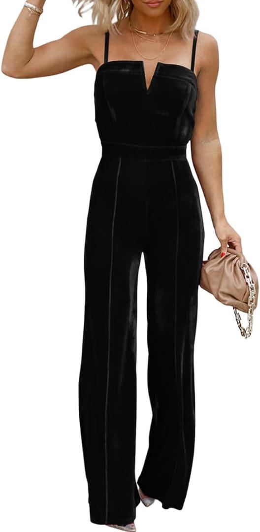 BLENCOT Sleeveless Velvet Jumpsuits For Women V Neck Spaghetti Straps Wide Leg Long Pants Dressy Rompers Winter Overalls (Medium)
