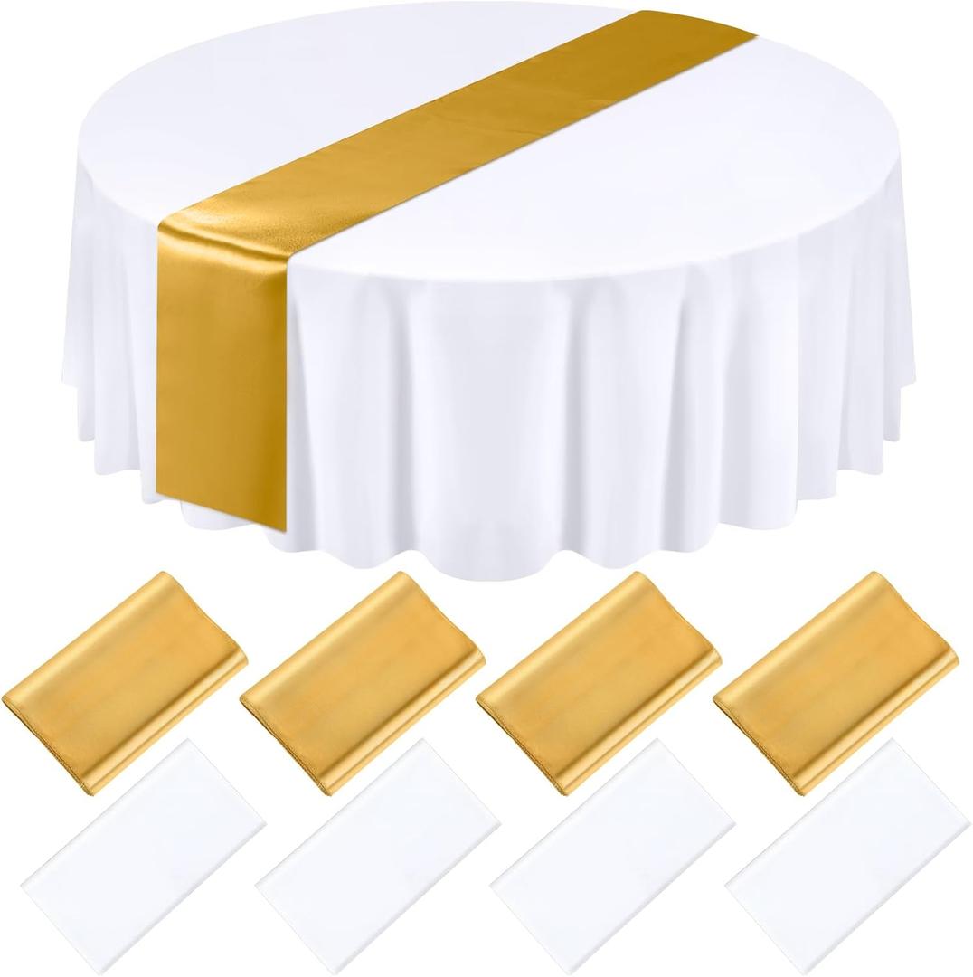 Tudomro 8 Pcs White and Gold Round Plastic Tablecloth and Satin Table Runner Set 84 Inch Round Covers 12 x 108 Inch Table Runners for Wedding Birthday Party Baby Shower Anniversary
