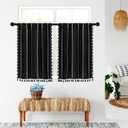 MitoVilla Black White Boho Kitchen Curtains 24 Inch Length Sets, 2 Panels Farmhouse Cafe Curtains with Tassel, Short Tier Small Cotton Linen Curtain for RV Bathroom Sink Cabinet Half Door Bay Windows