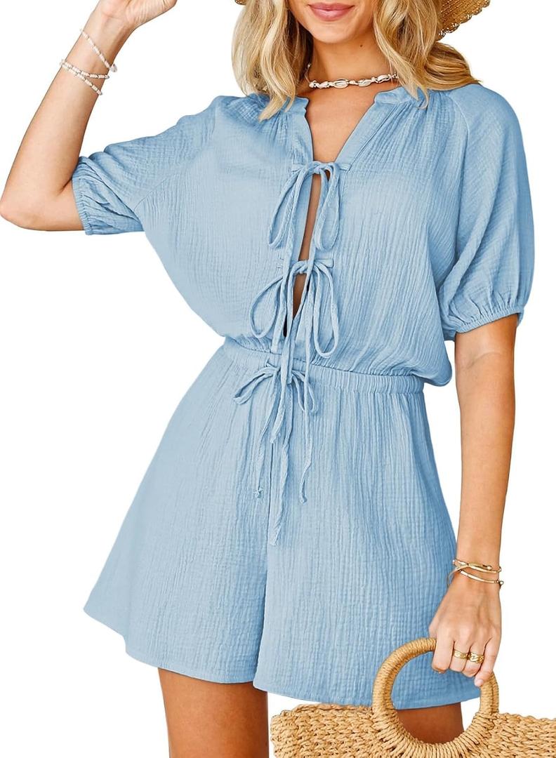 Fixmatti Women Summer Romper - Self Tie V Neck Casual Jumpsuit (Blue, M)