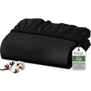 Royale Linens 100% Organic Cotton Fitted Sheet - Percale Weave - Super Soft Deep Pocket Bottom Sheets - Black Elastic Sheet Full Size - Full Fitted Sheets Only - (54"x75"+15", Black)