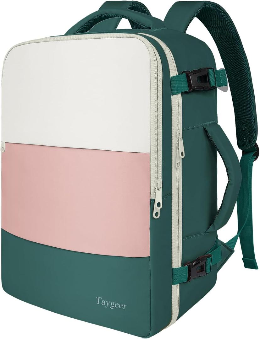 Taygeer Carry On Backpack, 35l Travel Backpack for Women Airline Approved, Cute Underseat Personal Item Travel Bag With Shoe Compartment, Casual Daypack Gifts for Friend Weekend, Beige Peacock Pink (Large, Cream Pink Green)