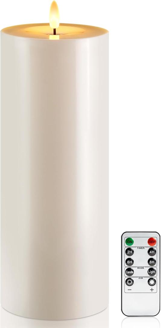 Raycare 4'' X 12'' Large Waterproof Outdoor Flameless Candle, Battery Operated LED Candles with Remote Control and Timer, Electric Fake Plastic Pillar Candles, Ivory