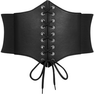 Women Corset Belt Elastic Lace-up Wide Waspie Belt Vintage Halloween Punk Costume (XS fit waist:25"-27", 1-black)