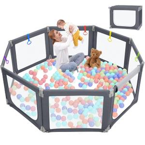 Kidirect Foldable Baby Playpen, Extra Large Playpen for Babies and Toddlers, Play Pen with Safety Gate, Corrales para Bebes, Adjustable Portable Play Yard for Babies Indoor Outdoor (Deep Grey,71"69")